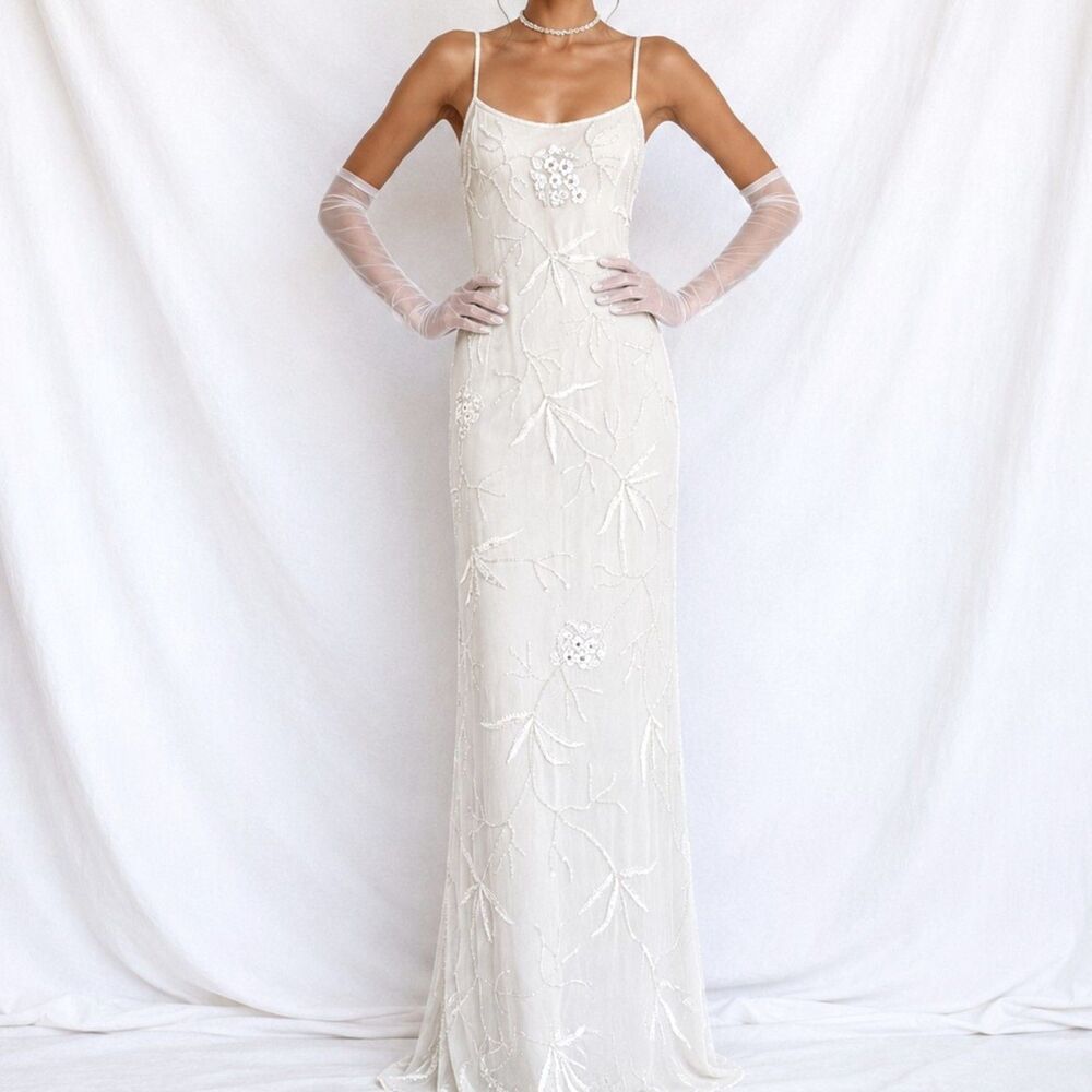 Vintage Off White Floral Beaded Silk Bodycon Formal Cocktail Prom Dress Size M/L
